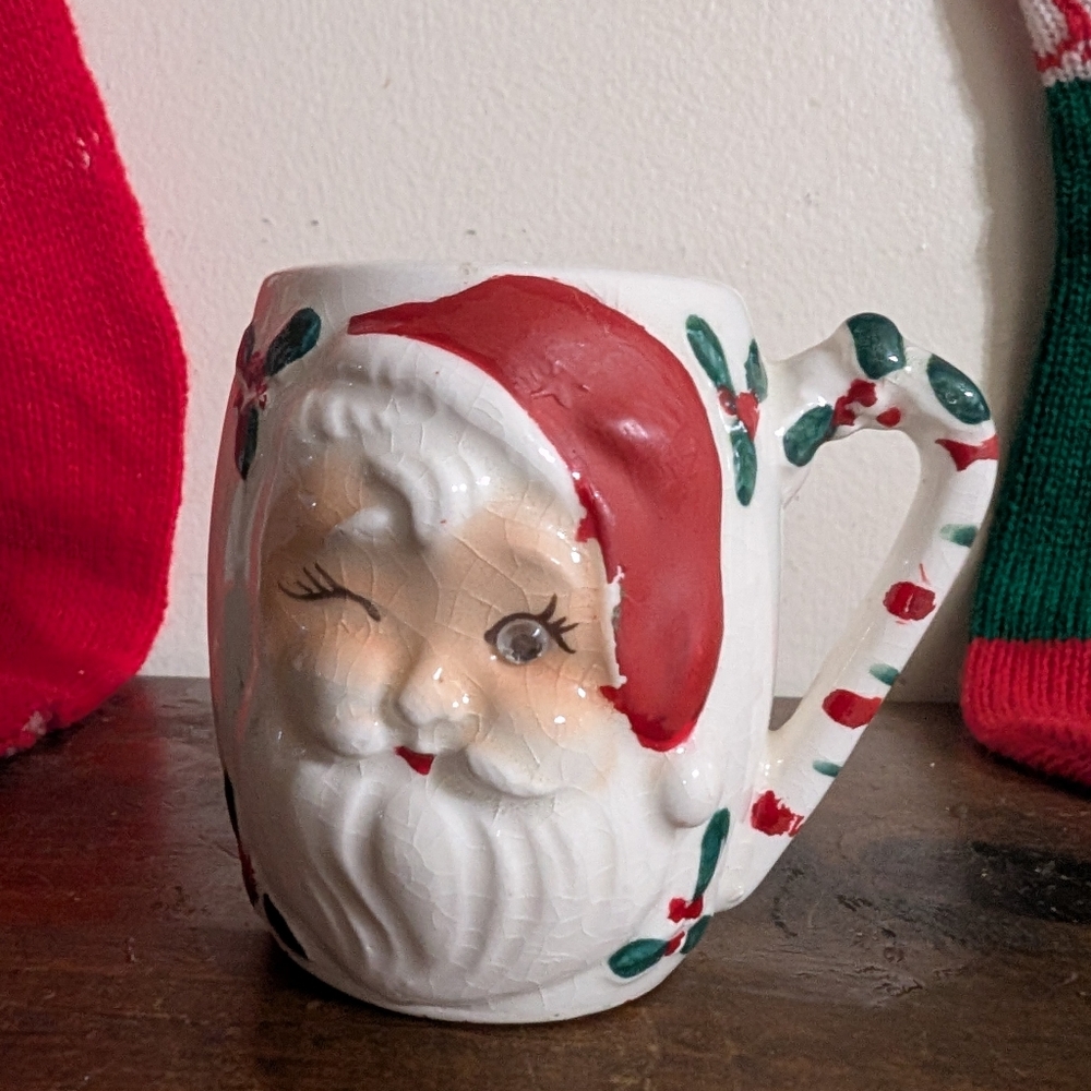 Vintage MG Japan Winking Santa Mini Mug White Christmas Decor Holiday Striped